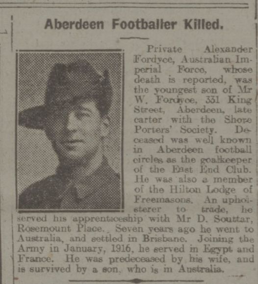 Private: Alexander Fordyce, Obituary, Evening Express Newspaper, dated 17 Nov 1917 - Courtesy of Anne Park.