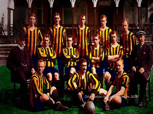 Aberdeen Football Club 1908-09, Team Photo - original B&W picture - No copyright - attached - Colorisation by Graeme Watson 2021