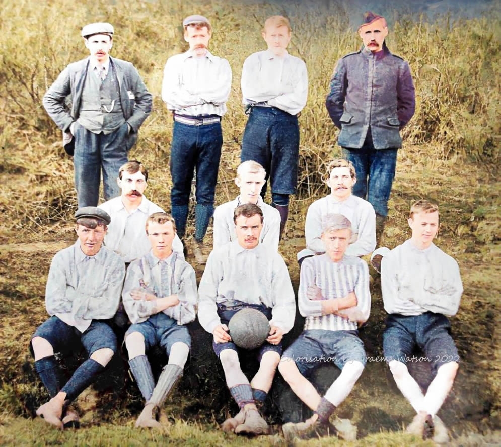 Culter Football Club, Team Photo 1890's Original B&W picture, Courtesy of Culter FC. Colorisation by Graeme Watson 2022