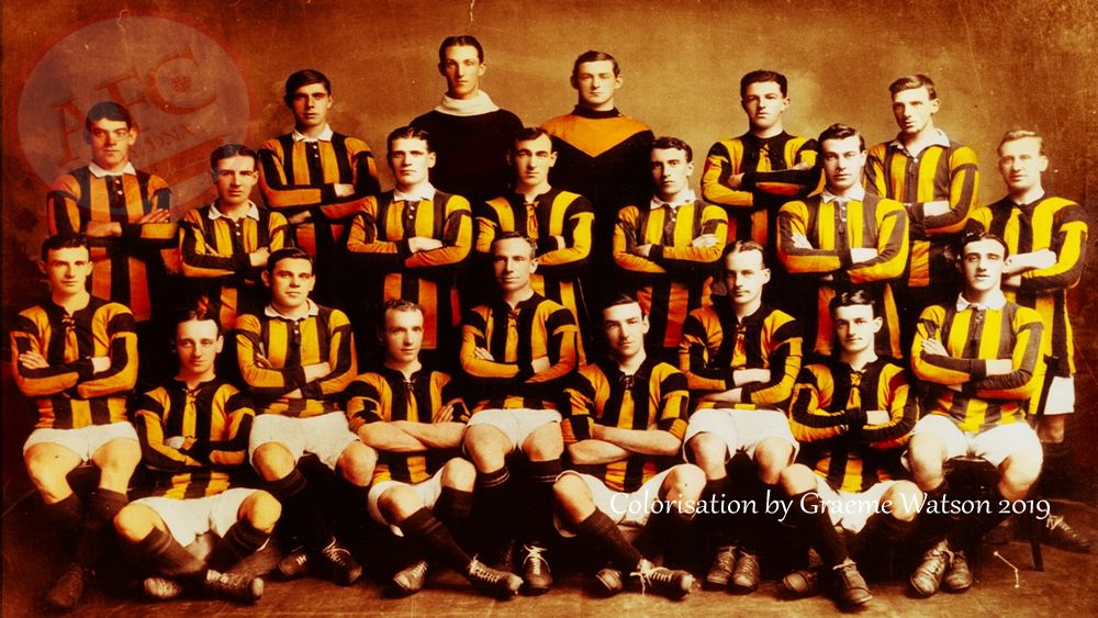 Aberdeen Football Club Team Photo 1912-13: Original B&W picture - No copyright - attached - Colorisation by Graeme Watson 2018.