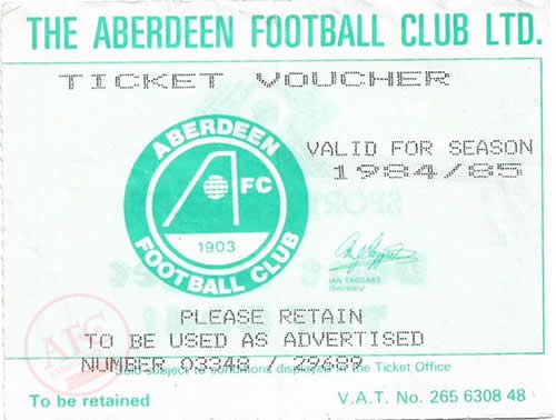 Aberdeen Football Club Ltd, 1984-85 Ticket Voucher