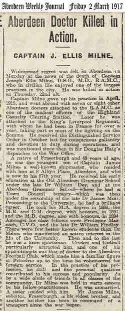 Captain: Joseph Ellis Milne M.A. M.D. D.S.O. (R.A.M.C.), Obituary Aberdeen Weekly Journal, 02 Mar 1917