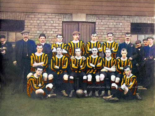 Aberdeen Football Club 1907-08, Team Photo - original B&W picture - No copyright - attached - Colorisation by Graeme Watson 2021