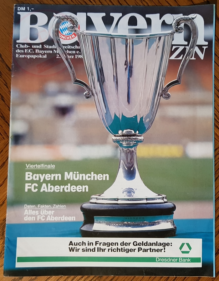 UEFA Cup Winners’ Cup Quarter Final, First leg: Bayern Munich 0-0 Aberdeen, 02 Mar 1983 Munich, Bavaria, Germany, Attendance: 35,000 programme.