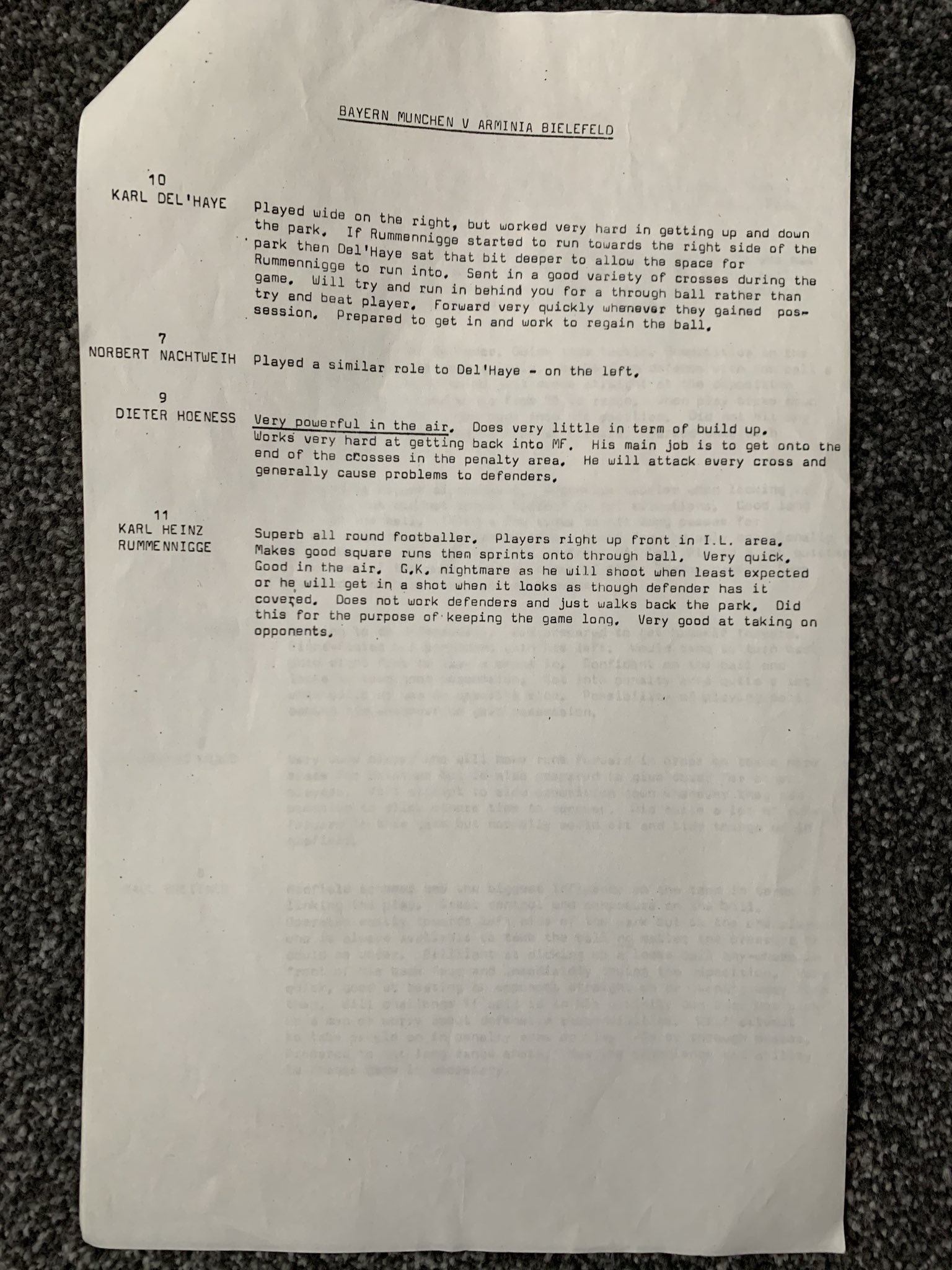 Scouting notes from Aberdeen coach Archie Knox ahead of the 1983 UEFA Cup Winners’ Cup Cup Quarter Final against Bayern Munich - Courtesy of Neil Simpson from his personal collection.